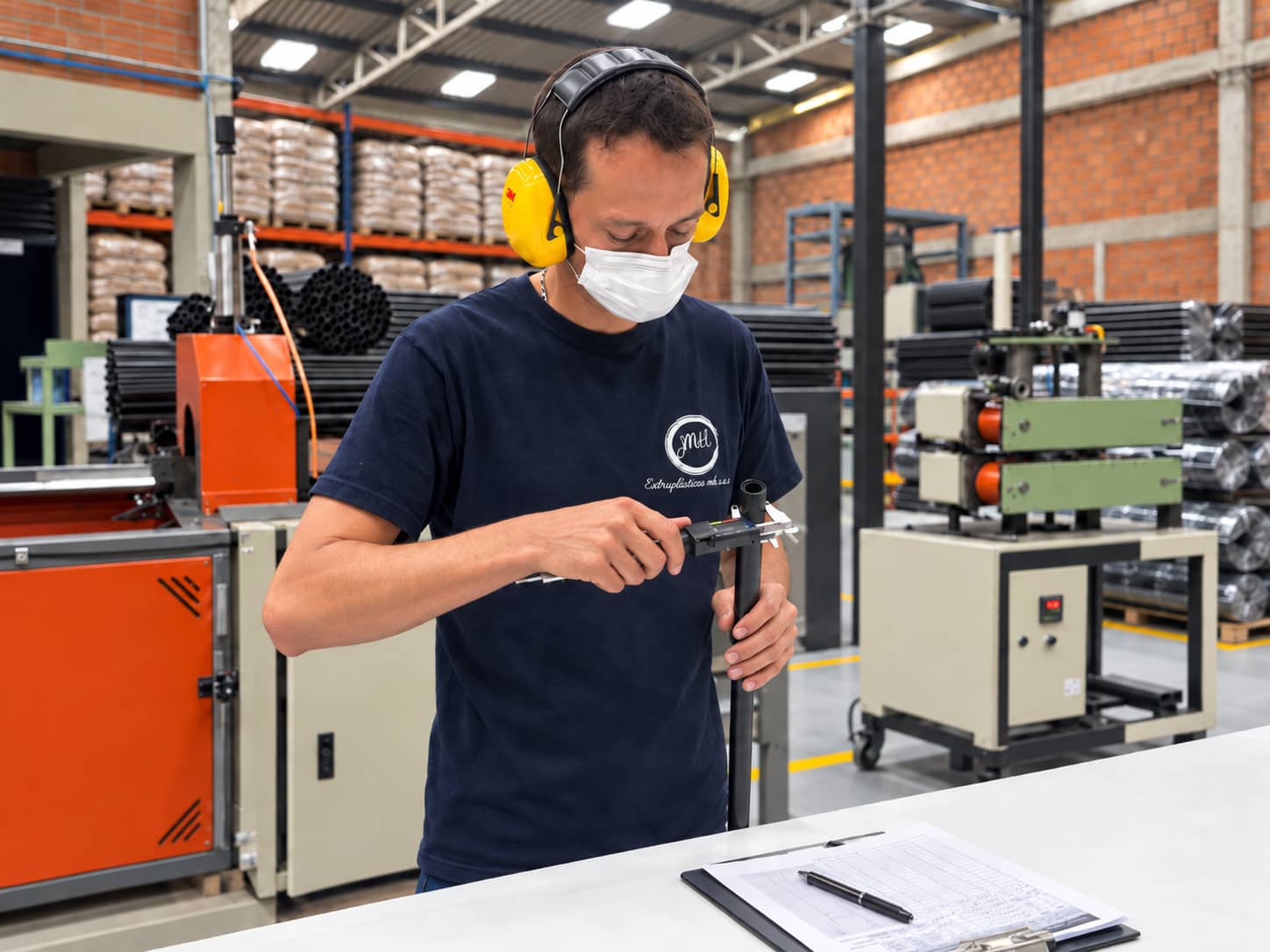 Operario de Extruplásticos MH realizando control dimensional de una pieza plástica